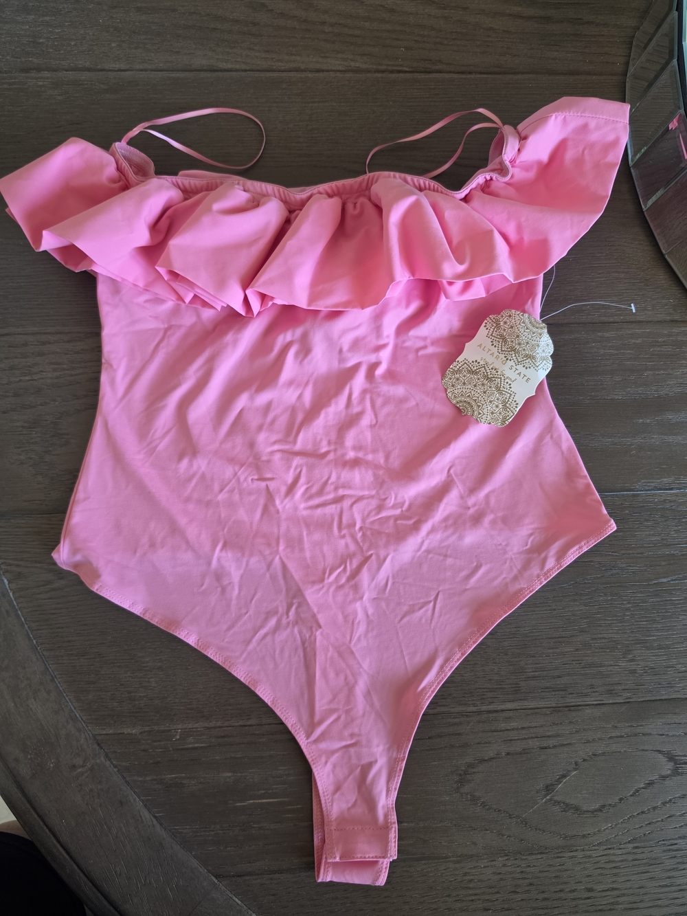 Altar'd State Pink Ruffle One-Piece Bodysuit